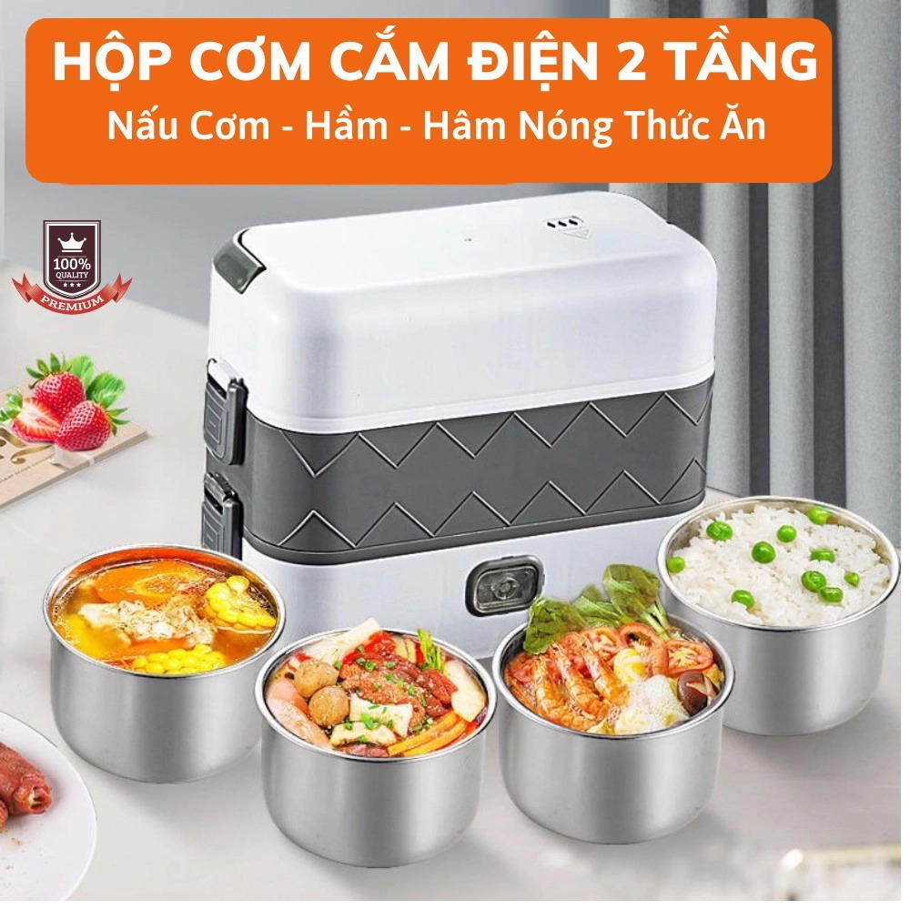 Hộp cơm cắm điện 2 tầng 4 ngăn inox giữ nhiệt hâm đóng và tự nấu chín thức ăn, Cà Men Đựng Cơm Đi Làm