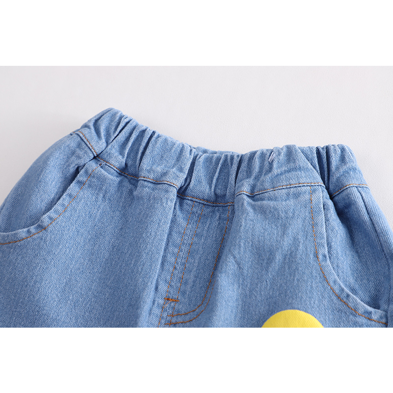 Bộ Áo Thun Cotton + Quần Short Denim In Hình Mặt Cười Thời Trang Mùa Hè Mới Cho Bé Trai / Gái 0-6 Tuổi