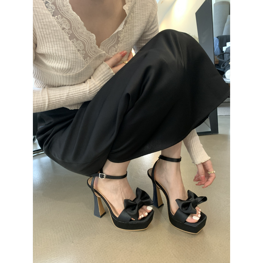 Giày Cao Gót Mũi Vuông Bằng Da Satin Đính Nơ Xinh Xắn Thời Trang Cho Nữ 5.11 Inches