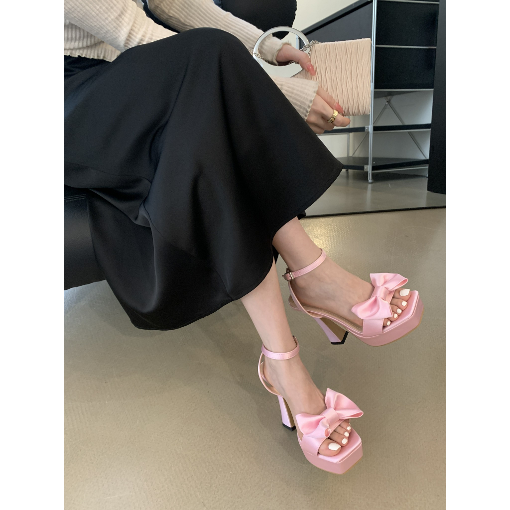 Giày Cao Gót Mũi Vuông Bằng Da Satin Đính Nơ Xinh Xắn Thời Trang Cho Nữ 5.11 Inches