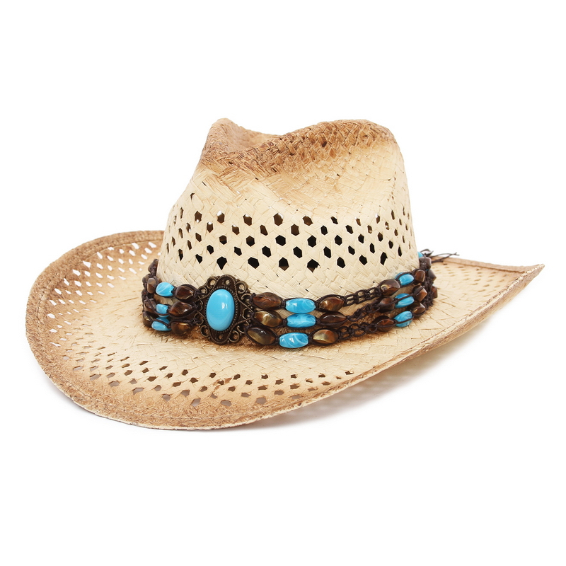 Mũ cói cao bồi đính hạt cườm thời trang mùa hè mới dành cho nam nữ