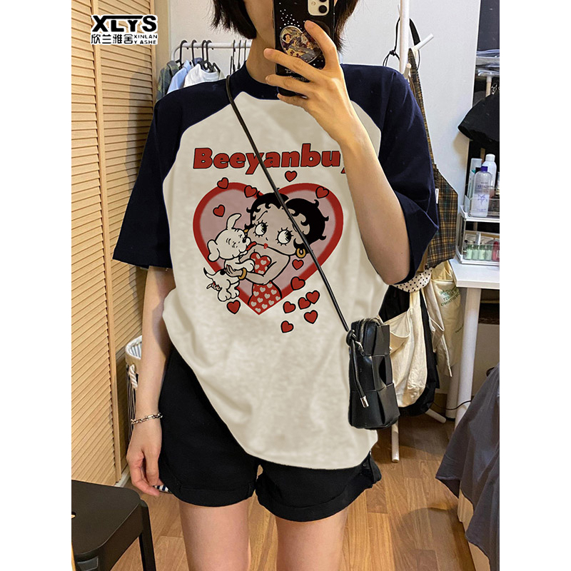 Áo Thun Tay Ngắn Dáng Rộng In Họa Tiết Phối Màu Thời Trang Hàn Quốc Xinh Xắn Cho Nữ