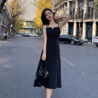 Váy dài phong cách Hepburn mới niche phong cách Hàn Quốc váy treo màu đen thời trang nữ mùa hè váy hợp thời trang