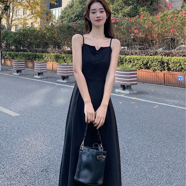 Đầm Hai Dây Dáng Dài Màu Đen Thời Trang Mùa Hè Phong Cách Hàn Quốc Cho Nữ