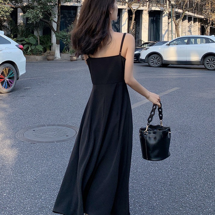 Đầm Hai Dây Dáng Dài Màu Đen Thời Trang Mùa Hè Phong Cách Hàn Quốc Cho Nữ