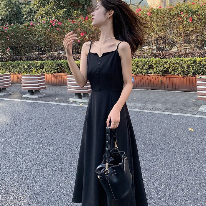 Đầm Hai Dây Dáng Dài Màu Đen Thời Trang Mùa Hè Phong Cách Hàn Quốc Cho Nữ