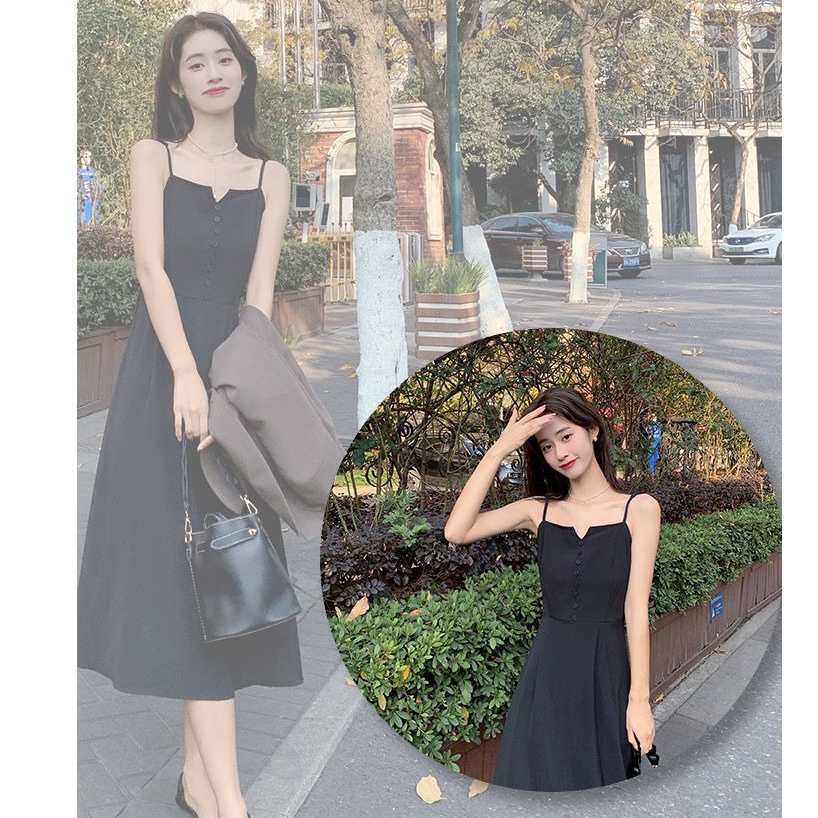 Đầm Hai Dây Dáng Dài Màu Đen Thời Trang Mùa Hè Phong Cách Hàn Quốc Cho Nữ