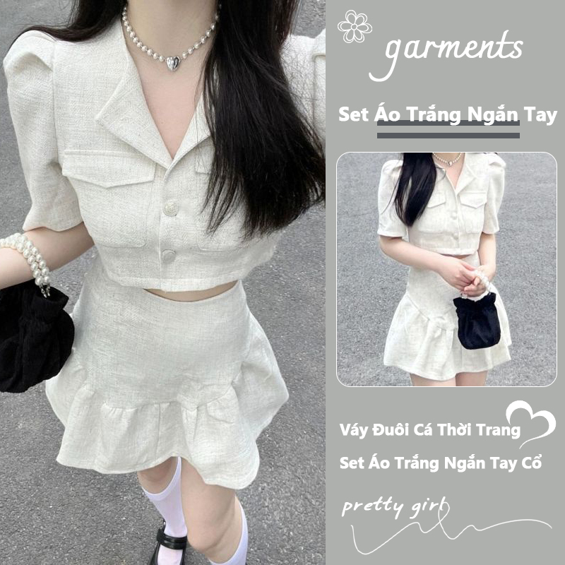 sét váy Set Dạ Tweed áo khoác croptop Ngắn Tay Trắng +chân váy xoè ngắn trắng bộ Phiên bản Hàn Quốc Thời Trang Nữ Mùa Hè Mới