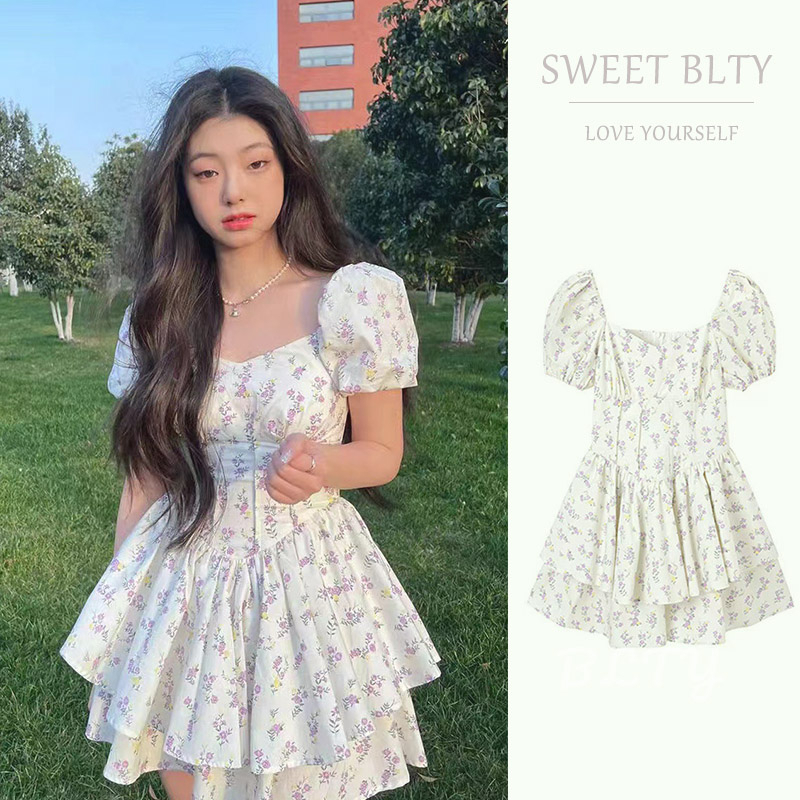 BLTY Đầm Hoa Ngắn Tay Cổ Vuông Nhấn Eo Phong Cách Hàn Quốc Ngọt Ngào Cho Nữ