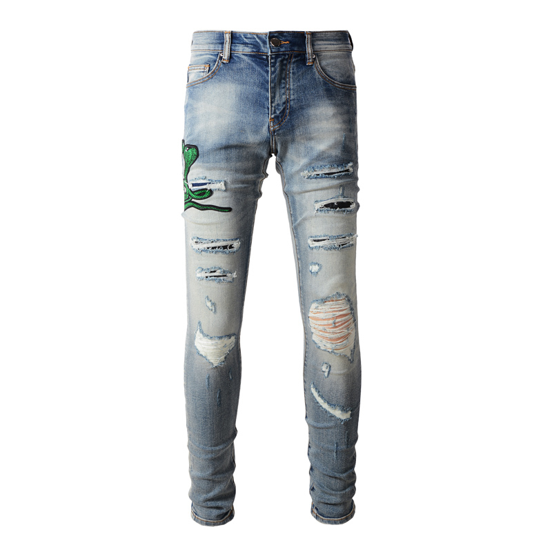 Amiri High Street Fashion Men Jeans Blue Slim Fit Broken Cobra Embroidery Print Men Trendy Denim Pants