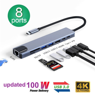 Bộ chia 8 trong 1 rj45 sd / tf đầu đọc thẻ type c 3.1 sang 4k hd pd 100w sạc nhanh cho macbook notebook laptop máy tính