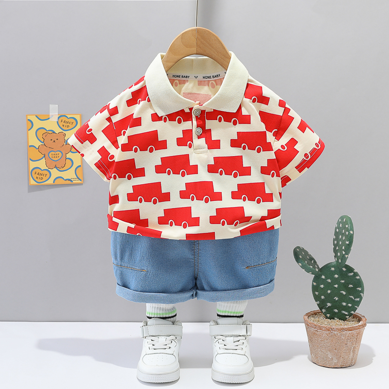Set Đồ Mùa Hè 2 Món Gồm Áo polo In Hình Xe Hơi Hoạt Hình + Quần Ngắn Denim Cho Bé Trai + Bé Gái 0-5 Tuổi