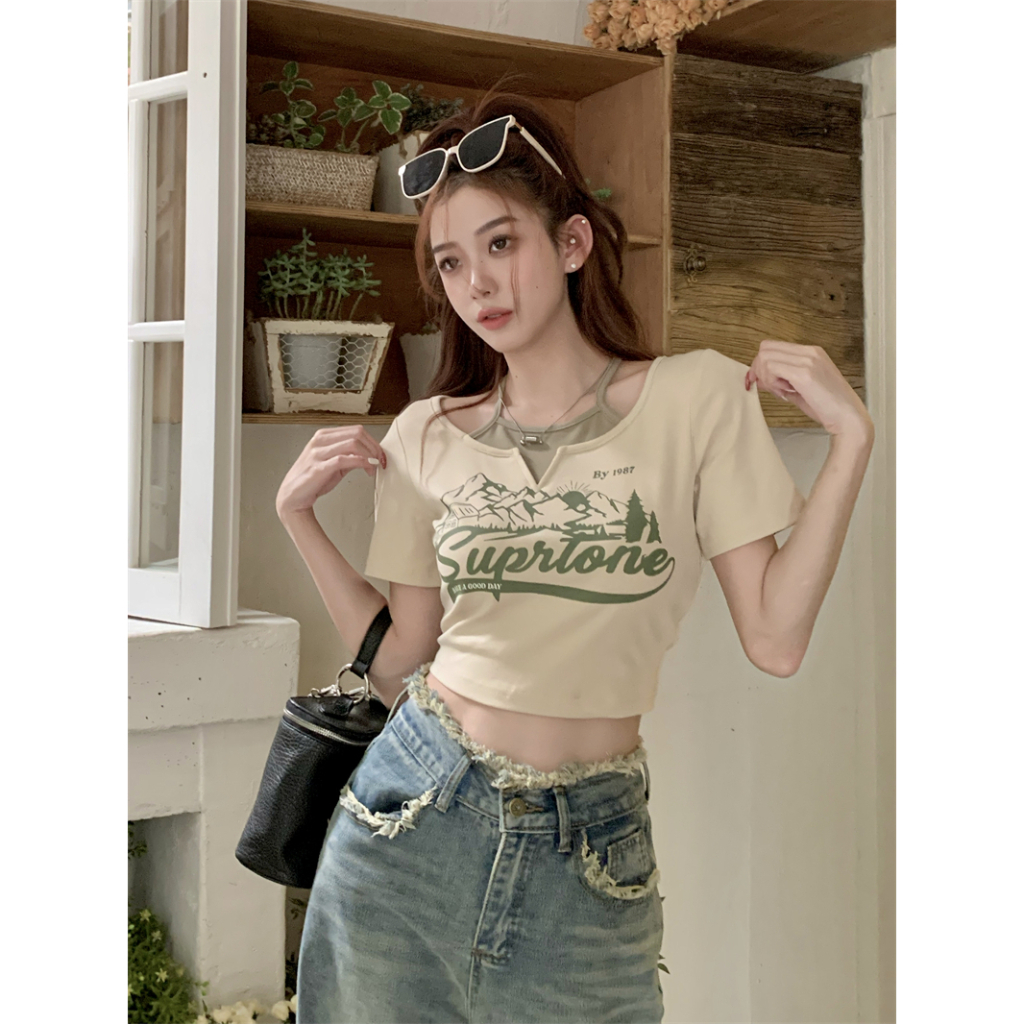 ZHELIHANGFEI Áo Croptop Tay Ngắn Dáng Ôm Theo Phong Cách Retro Mỹ