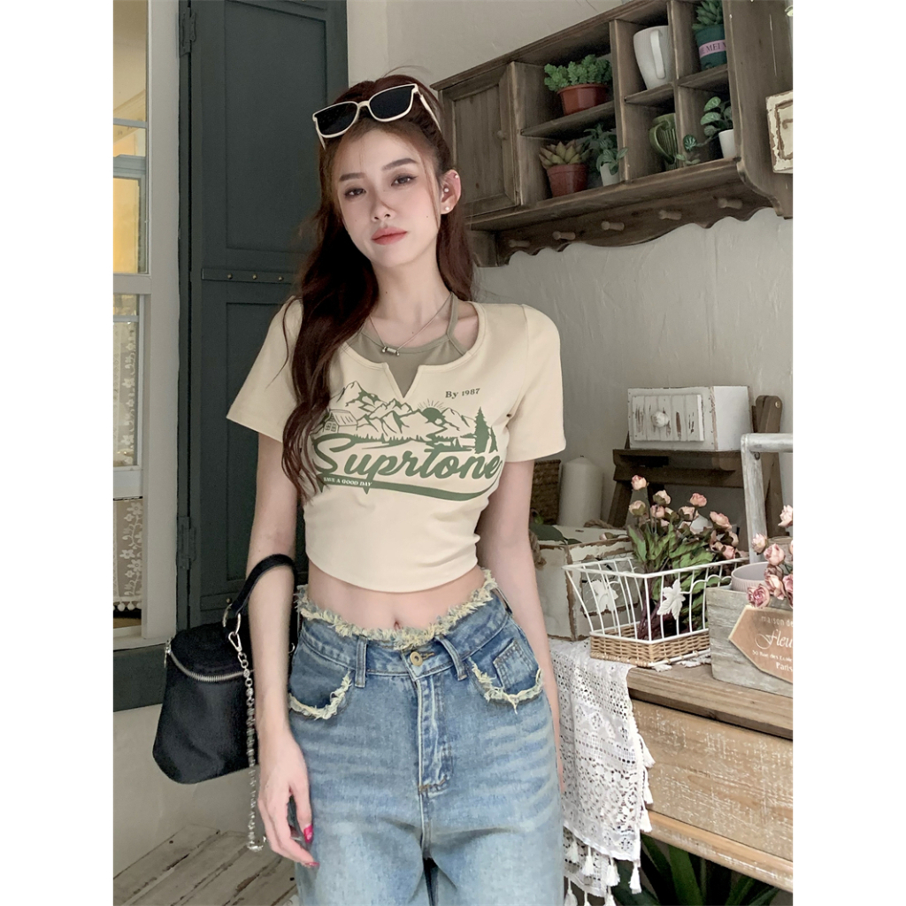 ZHELIHANGFEI Áo Croptop Tay Ngắn Dáng Ôm Theo Phong Cách Retro Mỹ