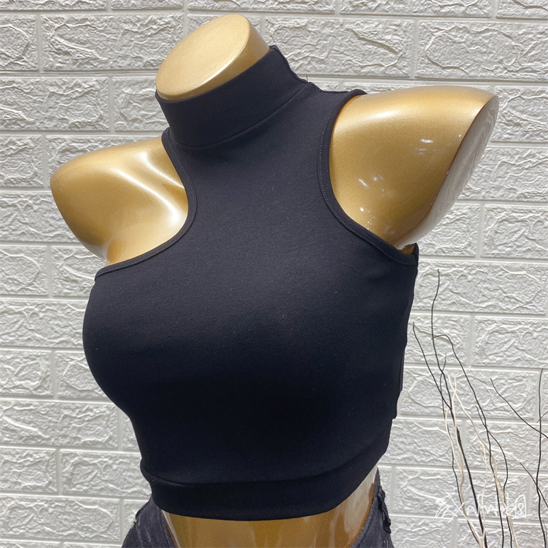 Áo Ngắn Cổ Cao Không Tay Lệch Vai Ôm Dáng Phong Cách Âu Mỹ Gợi Cảm Cho Nữ