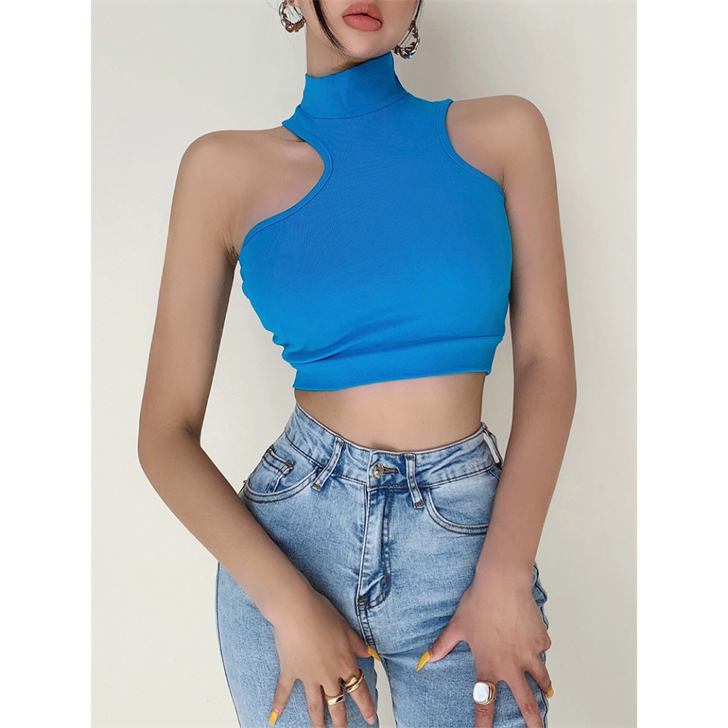 Áo Ngắn Cổ Cao Không Tay Lệch Vai Ôm Dáng Phong Cách Âu Mỹ Gợi Cảm Cho Nữ