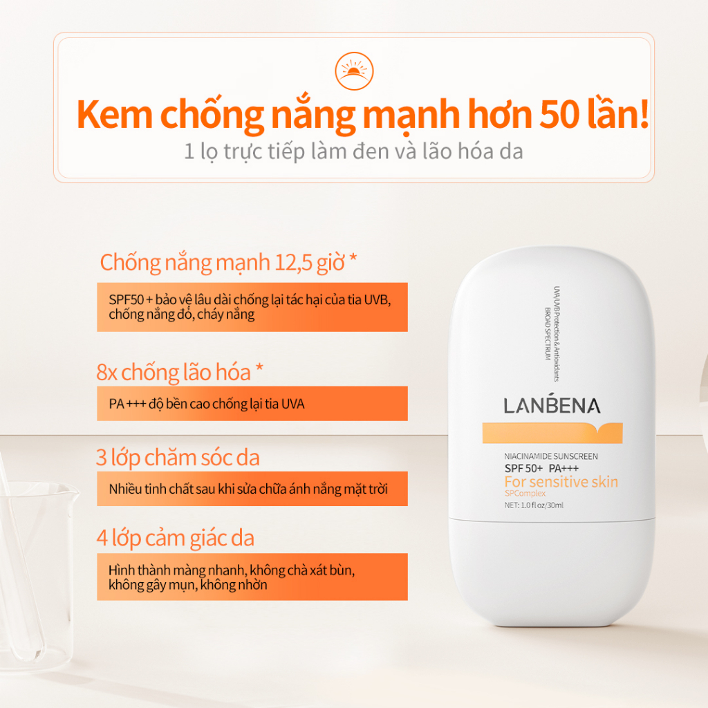 Kem Chống Nắng Lanbena UVB UVA SPF50+ PA+++ 30ml UV Chống Làm Trắng Sáng Da Kiềm Dầu Chăm Sóc Hiệu Quả Cho Da Nhạy Cảm