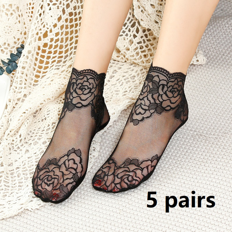 Set 5 Đôi Tất Ren Lưới Chống Trượt Thời Trang Cho Nữ