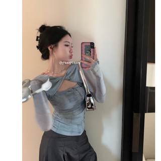 「Nonfatgirl」Áo Thun Tay Dài Mỏng Ôm Dáng Khoét Lỗ Rỗng Phong Cách Mỹ Cho Nữ