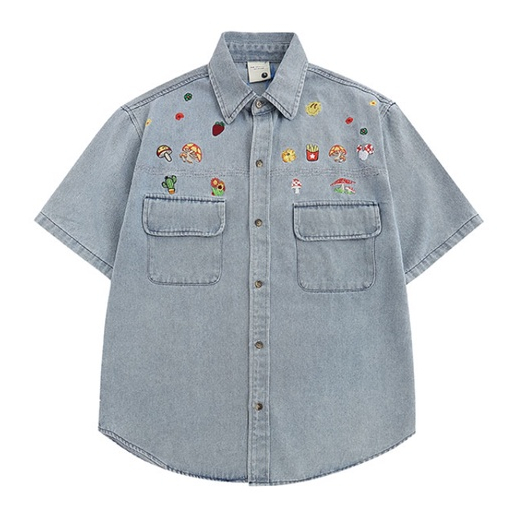 Áo Sơ Mi Tay Ngắn Cổ Bẻ Chất Liệu Denim Thêu Họa Tiết Hoạt Hình Phong Cách Retro Mỹ Cho Nam Nữ