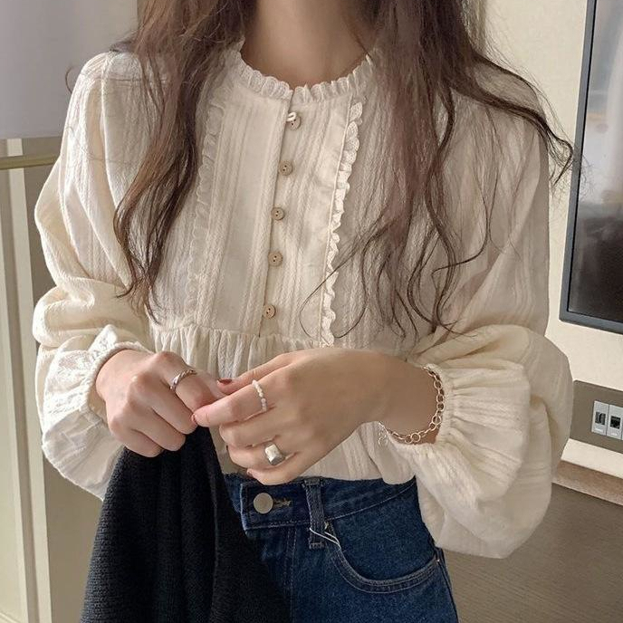 Áo Sơ Mi Nữ Tay Dài Phối Ren Dáng Rộng Phong Cách Hàn Quốc Baju Baju Wanita Lengan Panjang Hàng Mới Có Sẵn