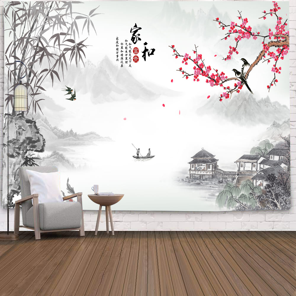Thảm Treo Tường Trang Trí Phòng Khách / Phòng Ngủ / Cắm Trại Hình Hoa Mận Phong Cách Bắc Âu