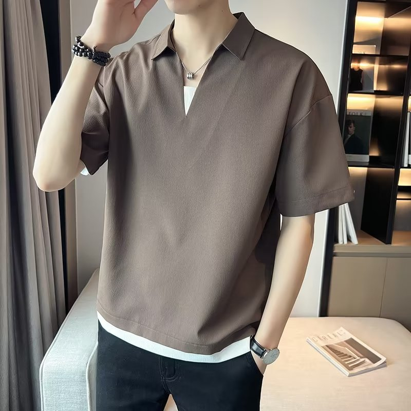 Áo Thun polo Giả Hai Lớp Tay Lửng Cổ Chữ v Phong Cách Đường Phố Thời Trang Mùa Hè Cho Nam