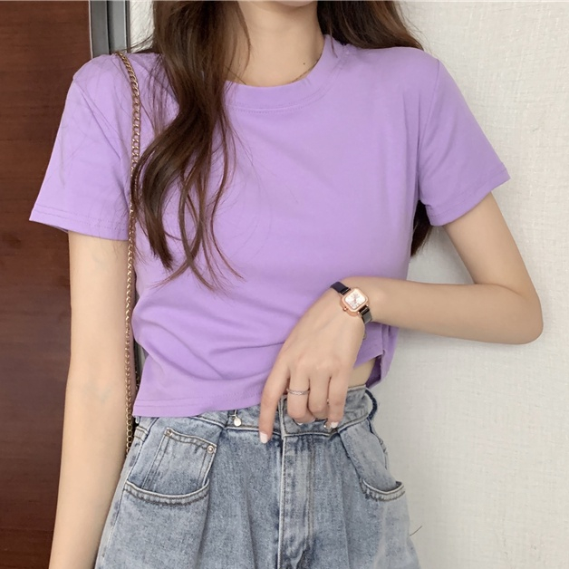 NZN Áo Thun crop top Tay Ngắn Màu Trơn Cổ Tròn Thời Trang Cho Nữ