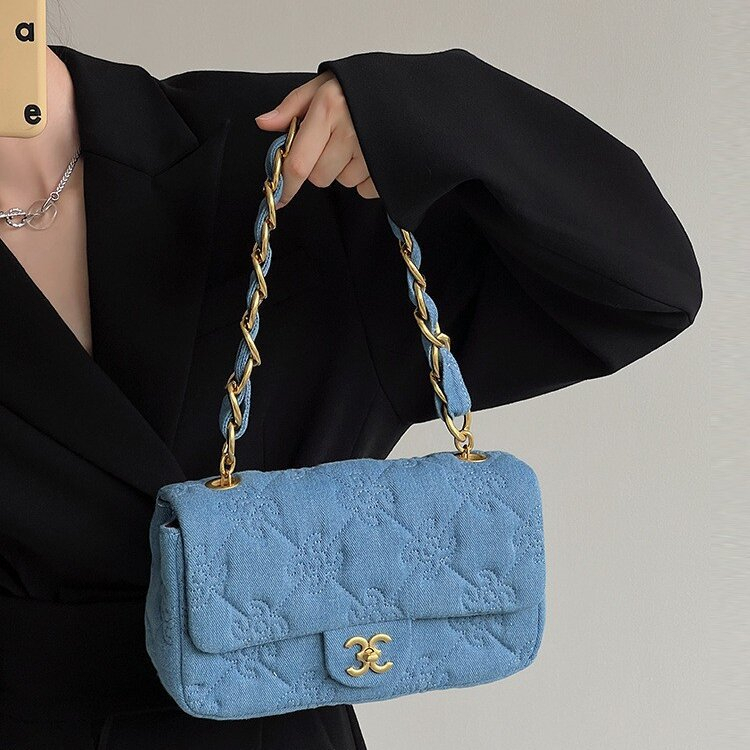 Ielgy Túi Xách denim Đeo Cánh Tay Phối Dây Xích Hình Thoi Nhỏ Phong Cách retro Cao Cấp Cho Nữ