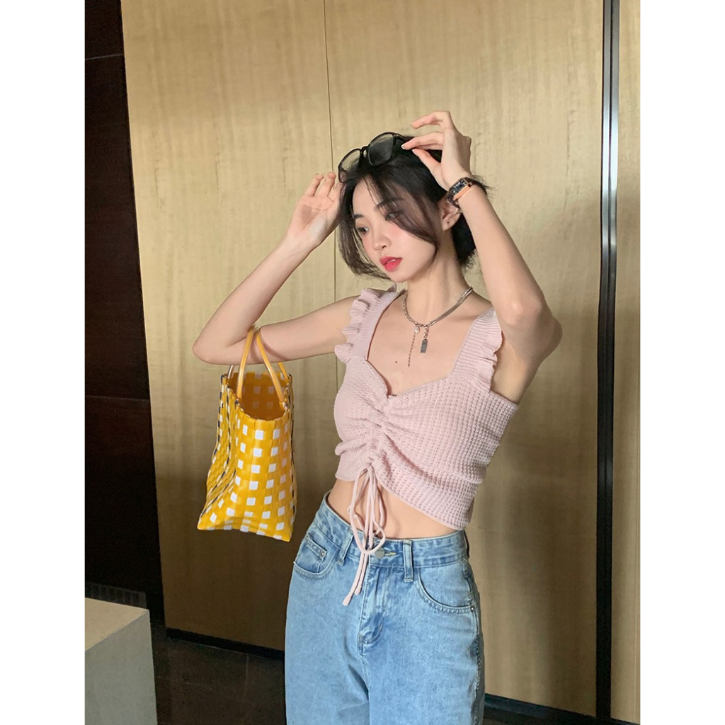 Áo Croptop Dệt Kim Màu Trơn Dáng Ôm Thời Trang Mùa Hè Cho Nữ