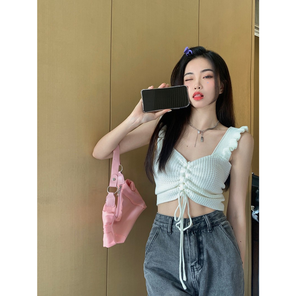 Áo Croptop Dệt Kim Màu Trơn Dáng Ôm Thời Trang Mùa Hè Cho Nữ