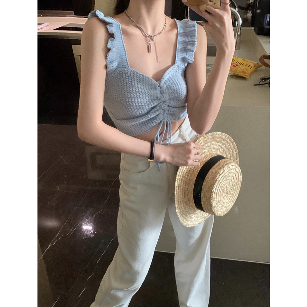 Áo Croptop Dệt Kim Màu Trơn Dáng Ôm Thời Trang Mùa Hè Cho Nữ