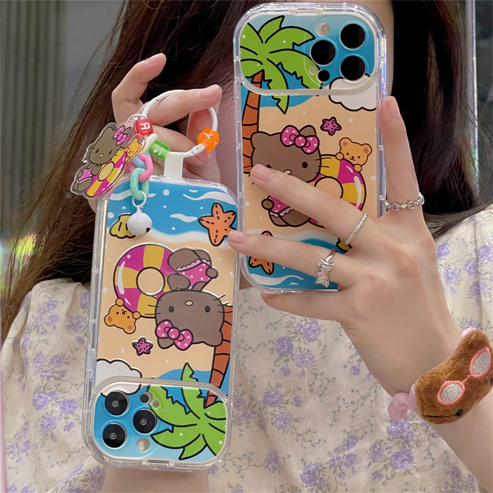 Ốp Điện Thoại Da Màu Đen Gắn Gương Hình Hello Kitty Chống Sốc Cho iPhone14pro 13 12 pro max 11