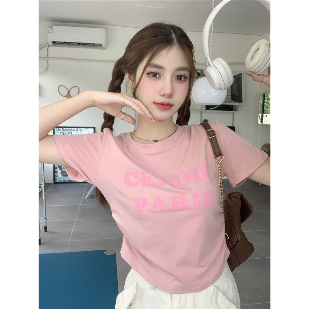 Áo Thun Tay Ngắn Dáng Ôm In Chữ Thiết Kế Xếp Ly Thời Trang Xinh Xắn Cho Nữ