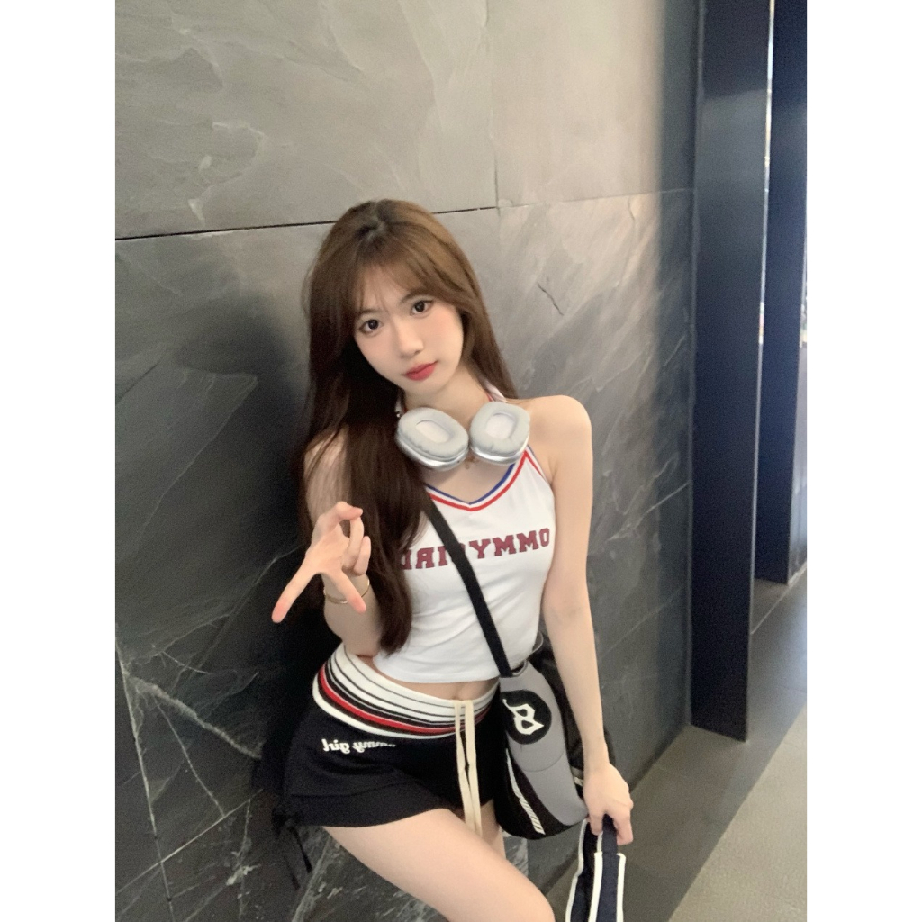 Bộ Áo Hai Dây In Chữ + Chân Váy Mini Lưng Thấp Ôm Dáng Quyến Rũ Cho Nữ