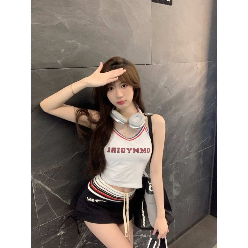 Bộ Áo Hai Dây In Chữ + Chân Váy Mini Lưng Thấp Ôm Dáng Quyến Rũ Cho Nữ