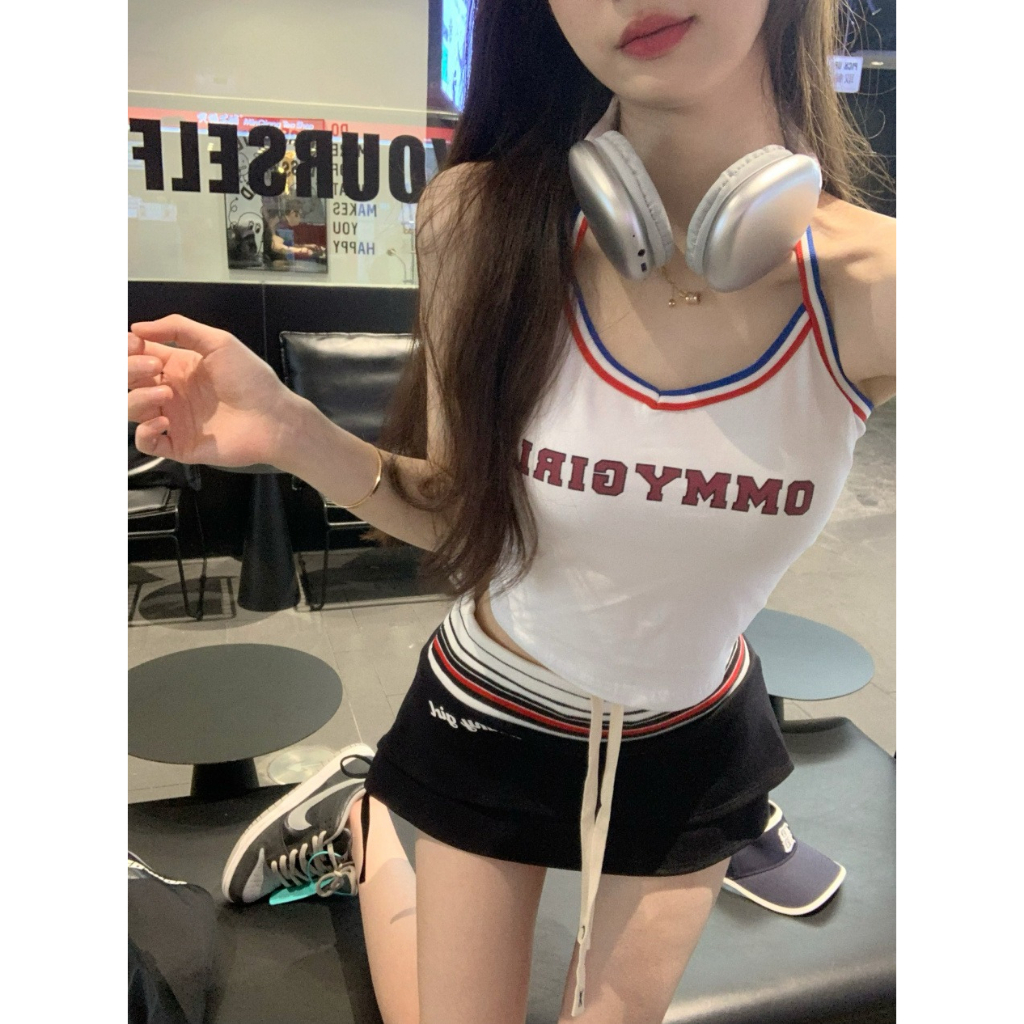 Bộ Áo Hai Dây In Chữ + Chân Váy Mini Lưng Thấp Ôm Dáng Quyến Rũ Cho Nữ