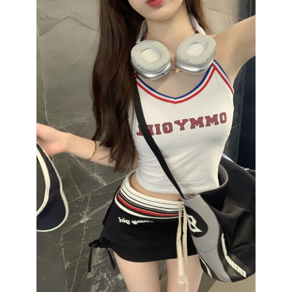 Bộ Áo Hai Dây In Chữ + Chân Váy Mini Lưng Thấp Ôm Dáng Quyến Rũ Cho Nữ