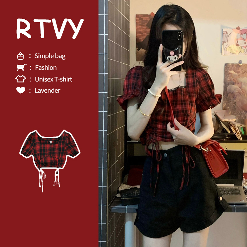 【RTVY】Áo Kiểu Tay Phồng Ngắn Họa Tiết Sọc Caro Phong Cách retro Mỹ