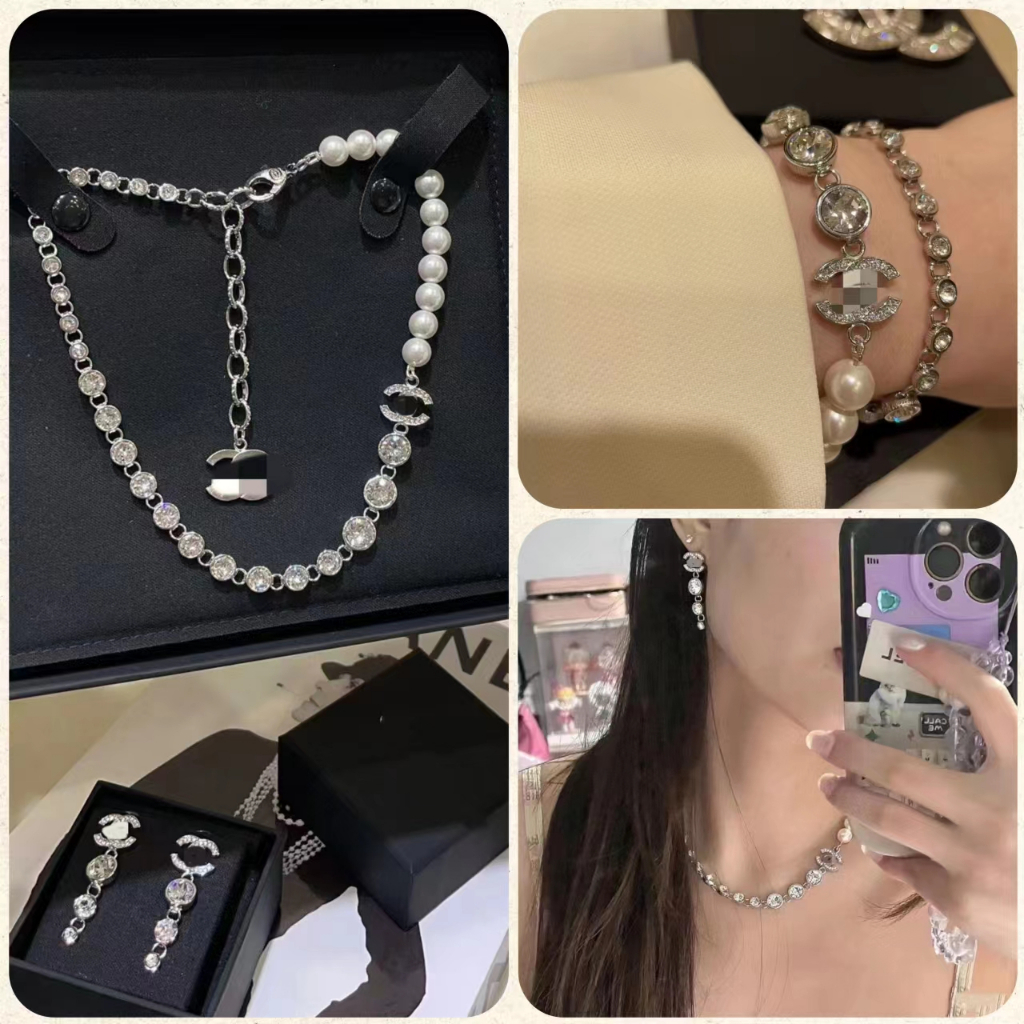 'Boutique Spot'CC 23S ngọc trai kim cương choker kim loại vòng cổ bông tai đặt đồng mạ vàng với thép in chất lượng cao Hàn Quốc 2023 mới tái tạo thanh lịch retro thời trang không phai 925 kim bạc cho phụ nữ B217/A596
