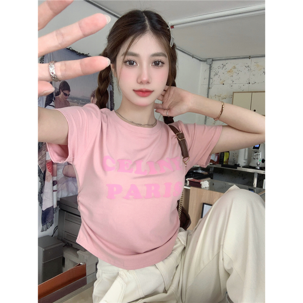 Áo Thun Tay Ngắn Dáng Ôm In Chữ Thiết Kế Xếp Ly Thời Trang Xinh Xắn Cho Nữ