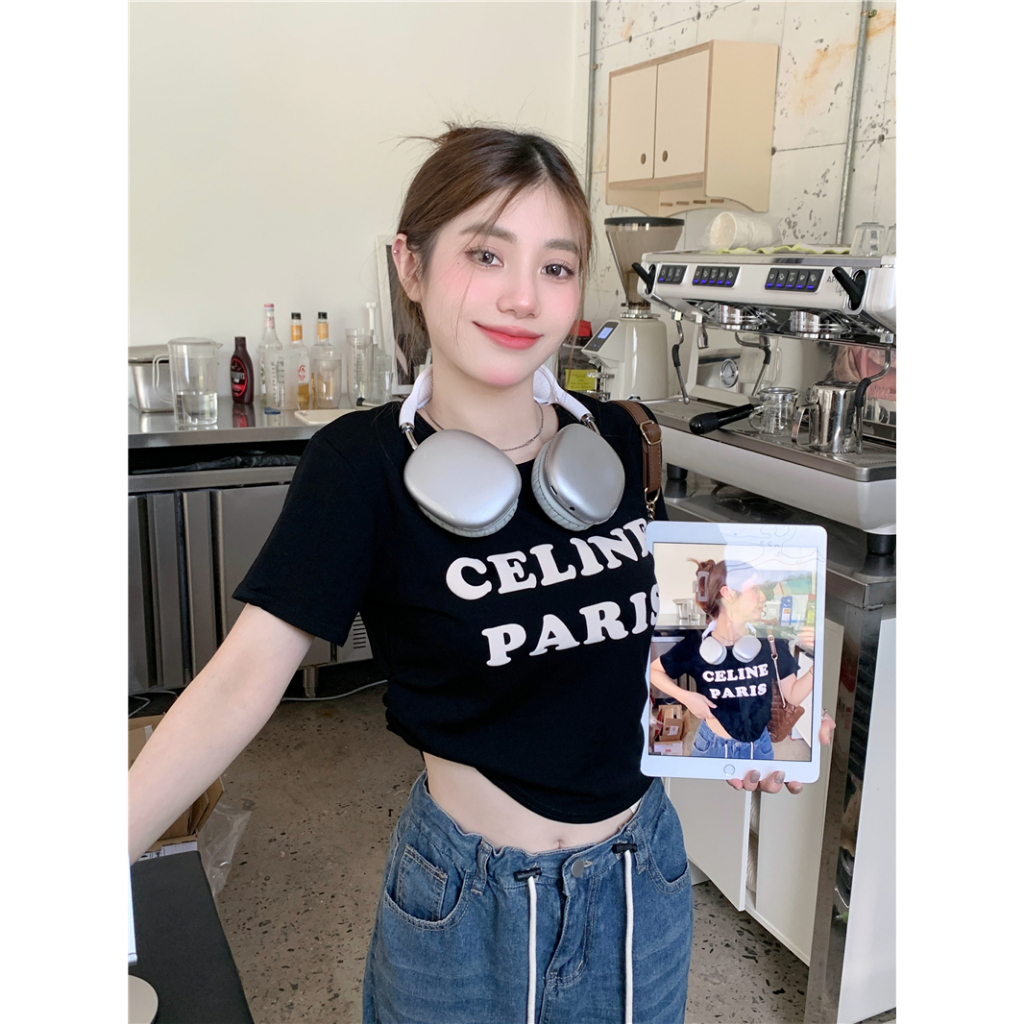 Áo Thun Tay Ngắn Dáng Ôm In Chữ Thiết Kế Xếp Ly Thời Trang Xinh Xắn Cho Nữ