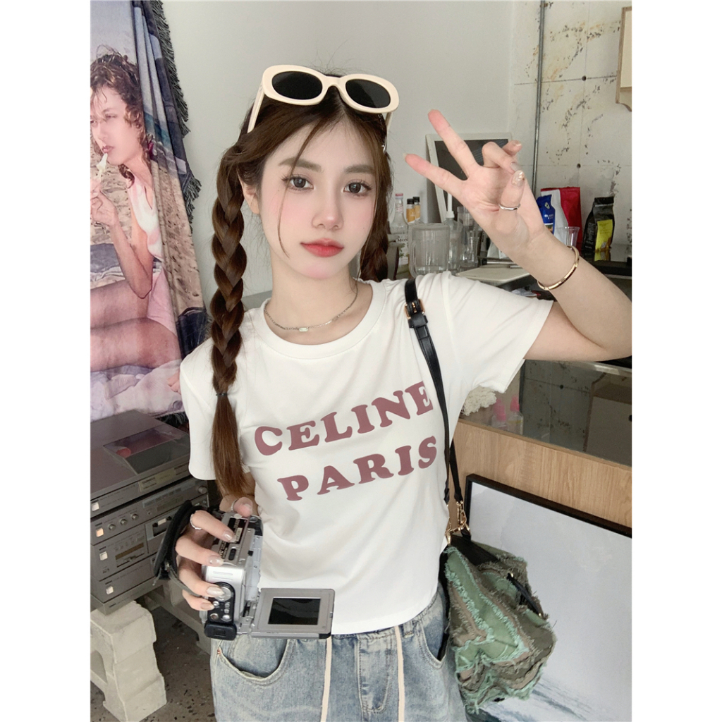 Áo Thun Tay Ngắn Dáng Ôm In Chữ Thiết Kế Xếp Ly Thời Trang Xinh Xắn Cho Nữ