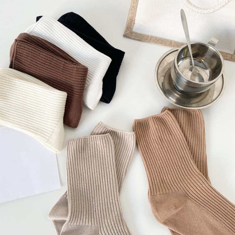 Vớ Cotton Cổ Cao Họa Tiết Sọc Ngang Màu Sắc Cà Phê Đơn Giản Thời Trang Cho Nữ