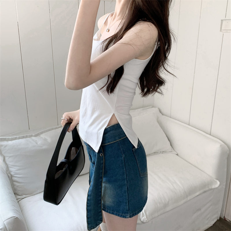 Lalisas Áo Hai Dây Dáng Ngắn Xẻ Tà Màu Trắng Quyến Rũ Cho Nữ