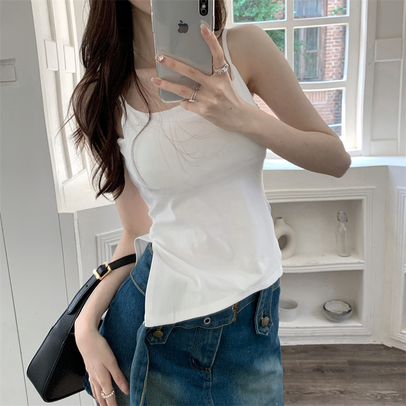 Lalisas Áo Hai Dây Dáng Ngắn Xẻ Tà Màu Trắng Quyến Rũ Cho Nữ