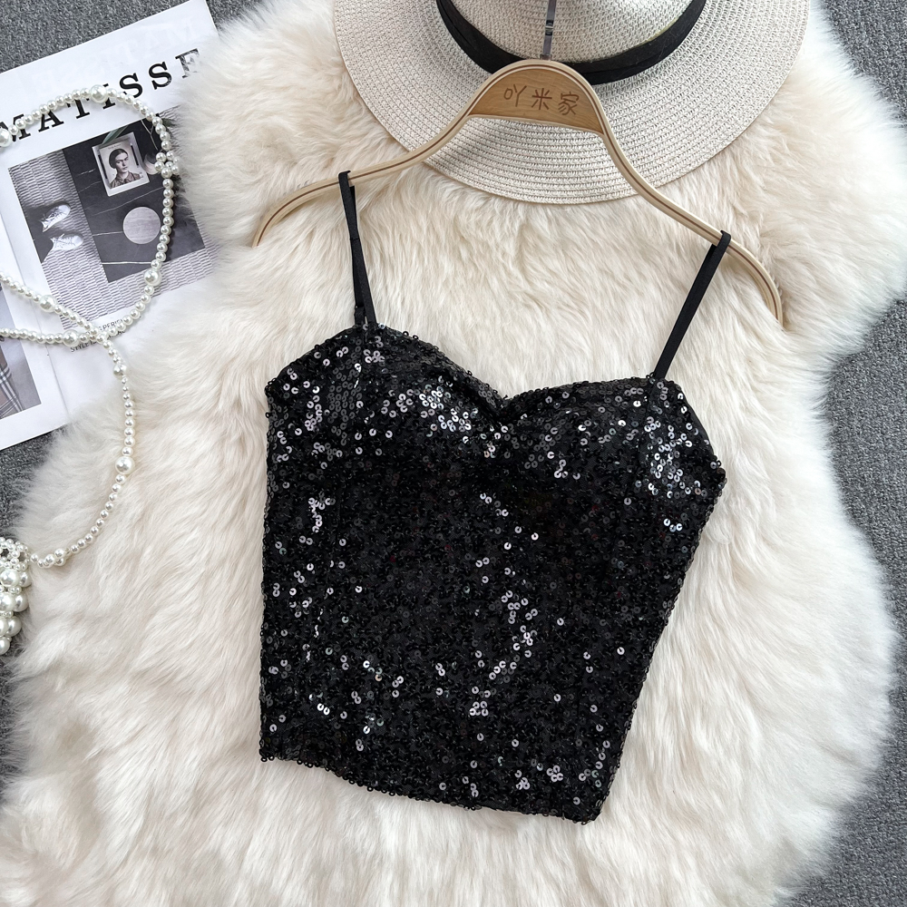 LANJIEXI Áo Hai Dây Ngắn Đính Kim Sa Lấp Lánh Phong Cách Phương Tây Quyến Rũ Cho Nữ