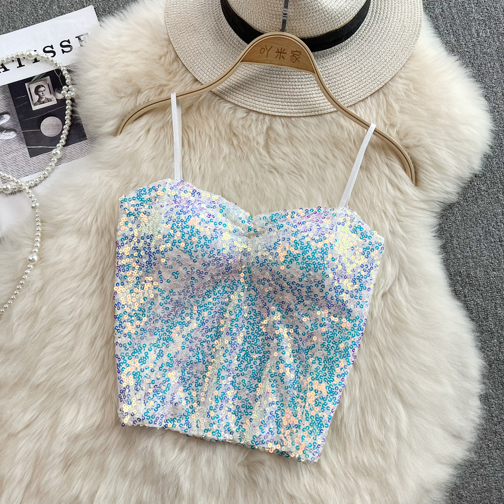 LANJIEXI Áo Hai Dây Ngắn Đính Kim Sa Lấp Lánh Phong Cách Phương Tây Quyến Rũ Cho Nữ