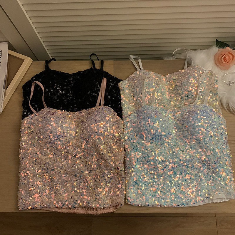 Áo Hai Dây Đính Kim Tuyến Lấp Lánh Phong Cách Mới Mùa Hè Quyến Rũ Cho Nữ