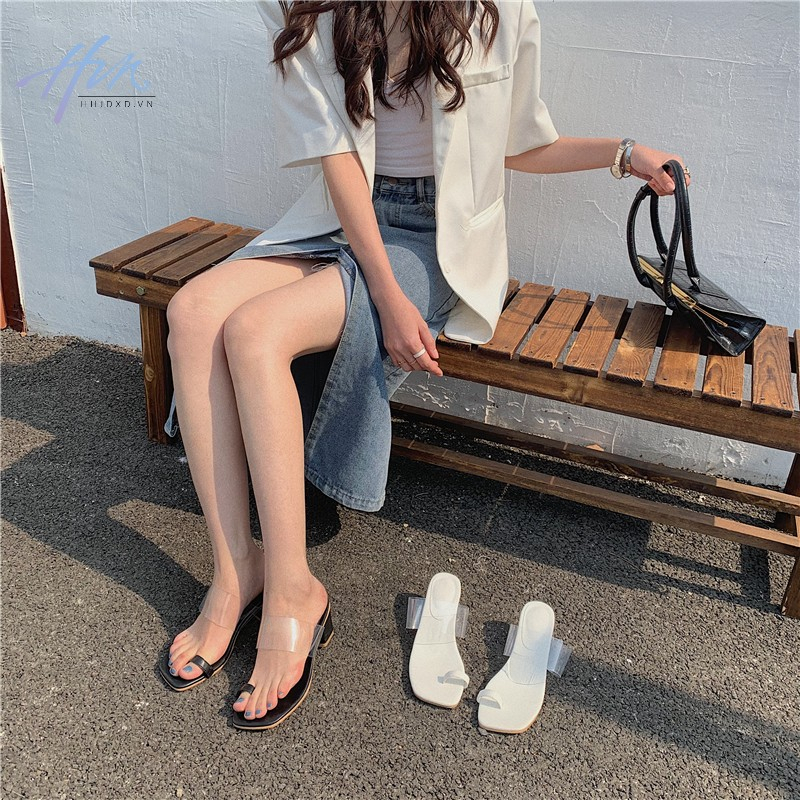 Dép Sandal Đế Dày Quai Trong Suốt Mũi Vuông Thời Trang Mùa Hè Dành Cho Nữ